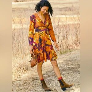 Peruvian Connection Falling Leaves Dress Knee Length Long Sleeve Size L Bohemian